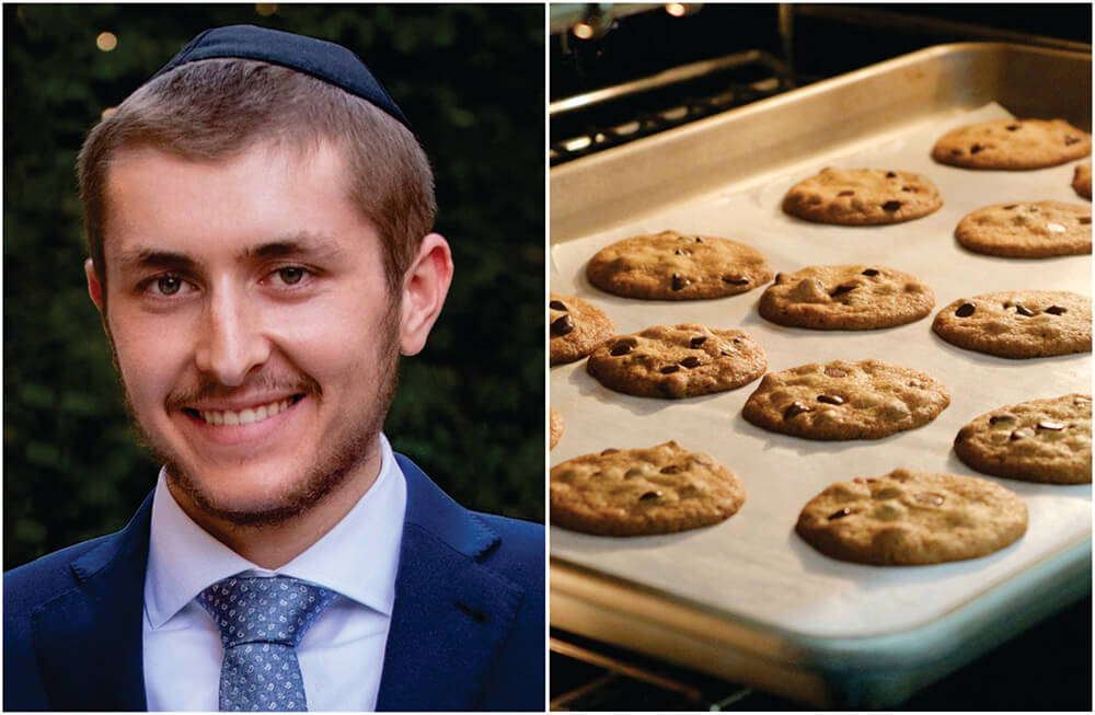 (L-R) Alex Schwartz; tray of chocolate chip cookies in a baking pan